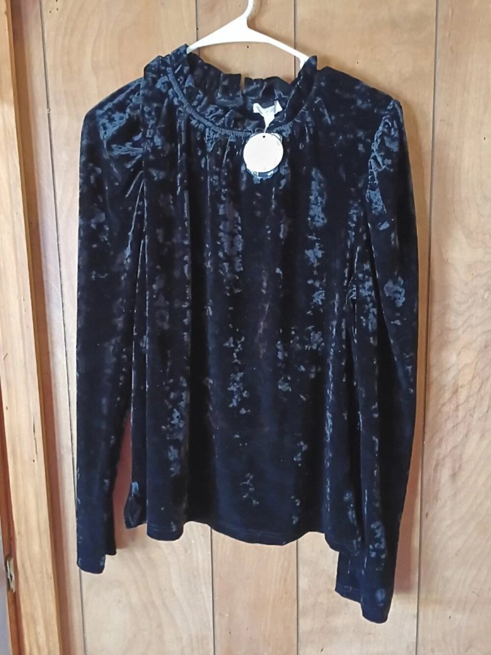 ODDY Black Velvet Blouse M Ruffle Neck Puff Long Sleeve Stretch NWT